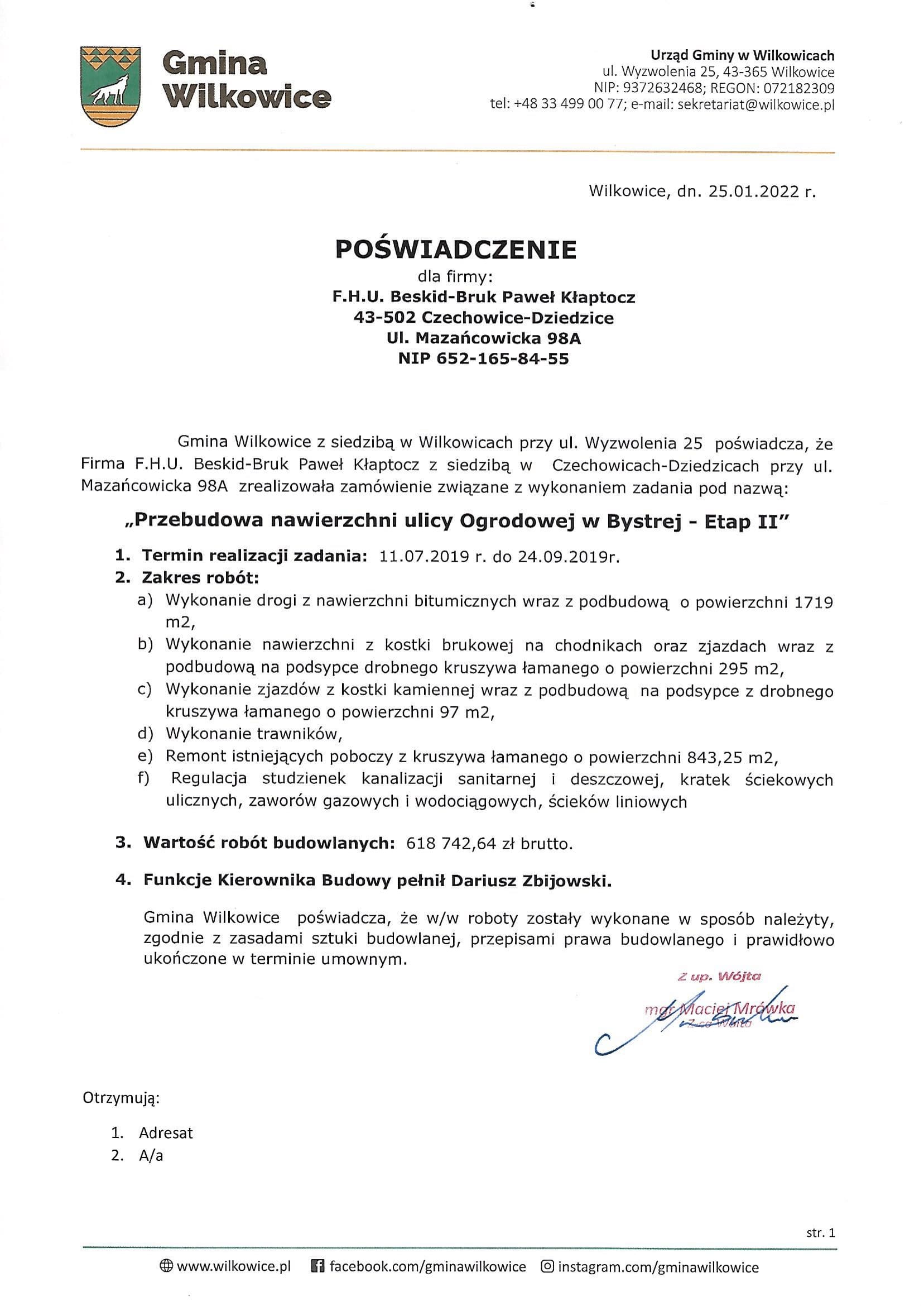 Beskid Bruk - roboty ziemne i drogowe - kompleksowa budowa dróg - referencje (1)